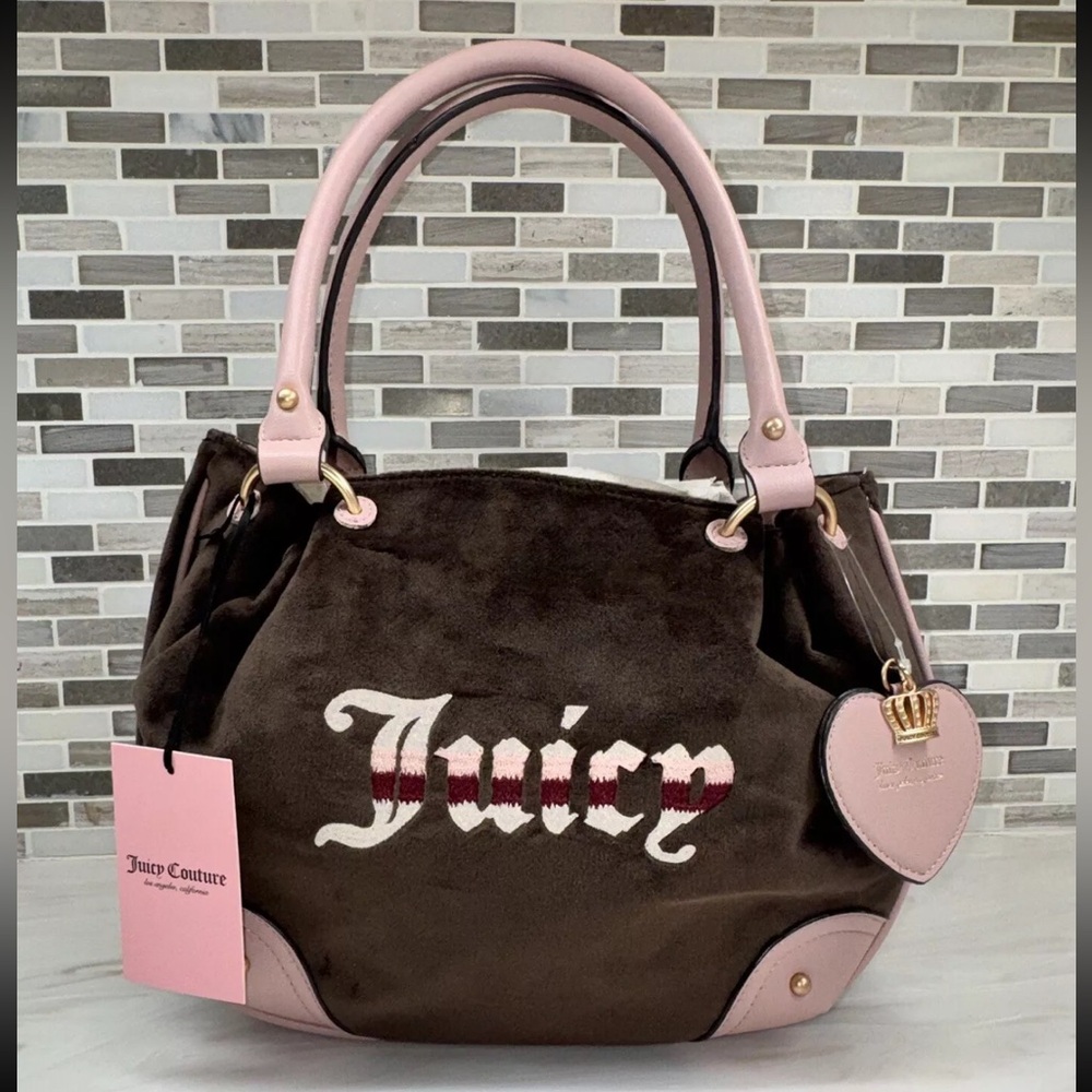 Juicy Couture Bag Chocolate Brown Velour Dusty Blush Retro Vibe Satchel Bag NEW